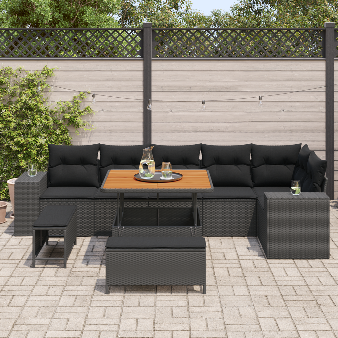 Havesofa Sæt med pude 9 pcs Sort polyrattan