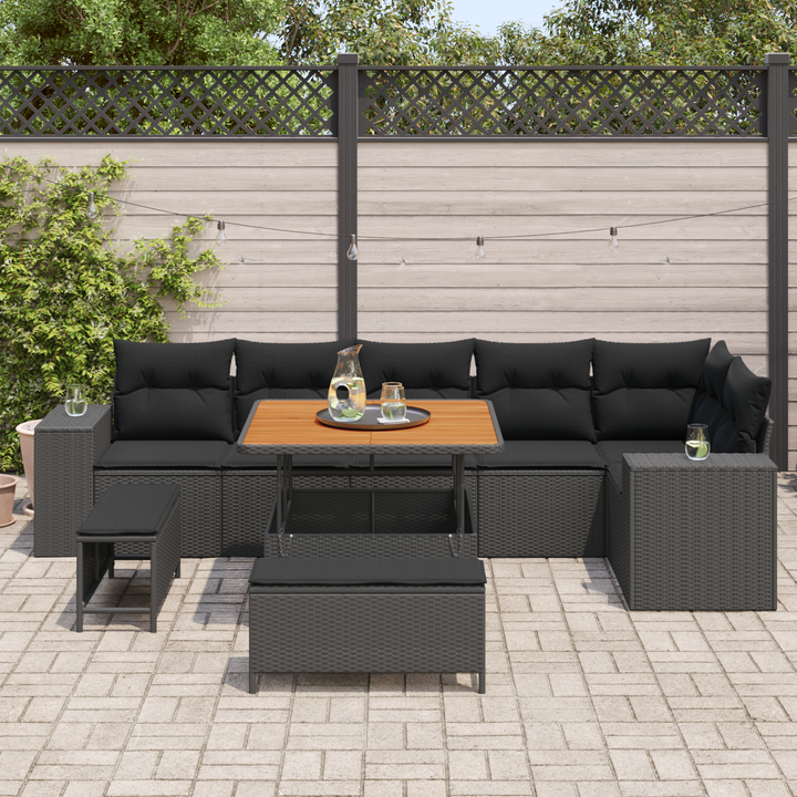 Havesofa Sæt med pude 9 pcs Sort polyrattan