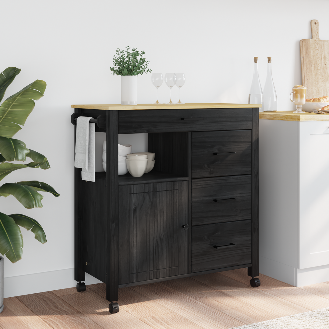 Køkkenvogn MONZA Sort 84 x 40 x 88,5 cm Massivt fyrretræ
