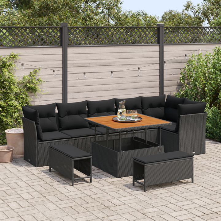 Havesofa Sæt 9 pcs Sort Poly rattan og pulverlakeret stål