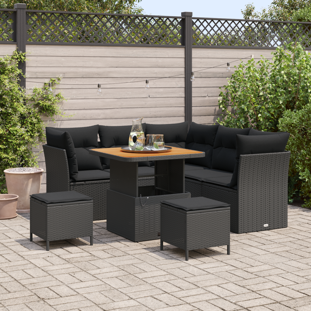 Havesofa Sæt 8 pcs Sort Poly rattan og pulverlakeret stål