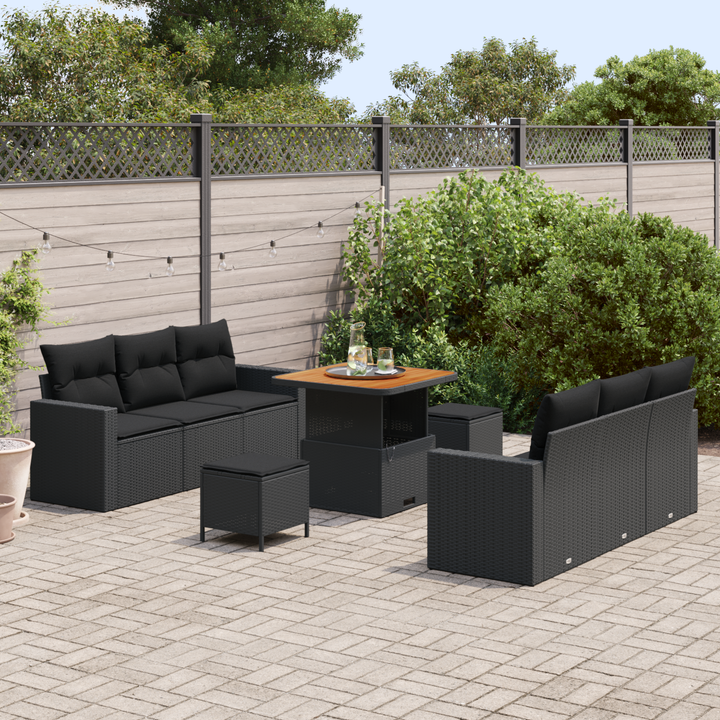 Havesofa Sæt 9 pcs Sort Polyrattan og pulverlakeret stål
