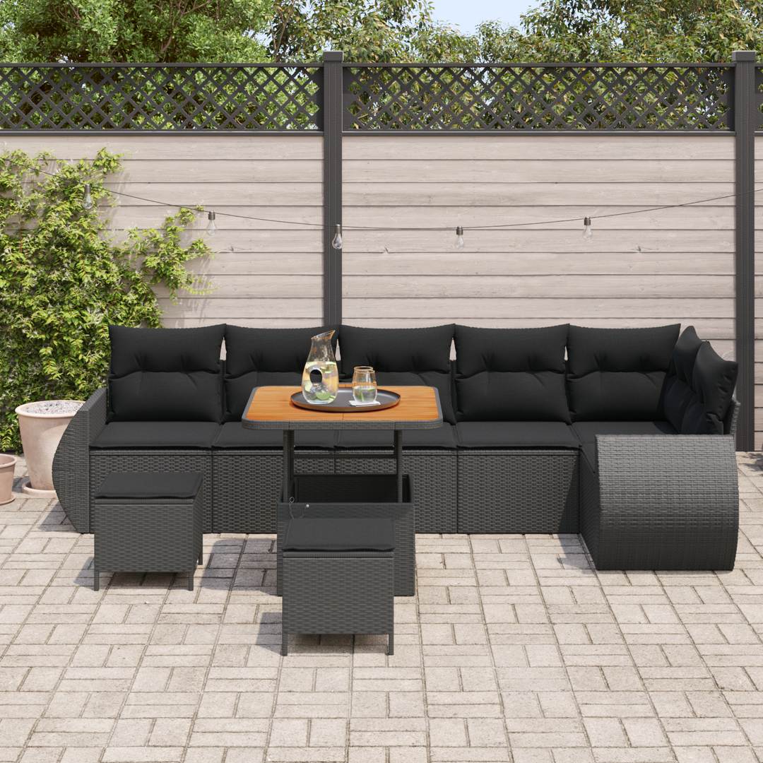 Havesofa Sæt med pude med opbevaring 9 pcs Sort Poly Rattan
