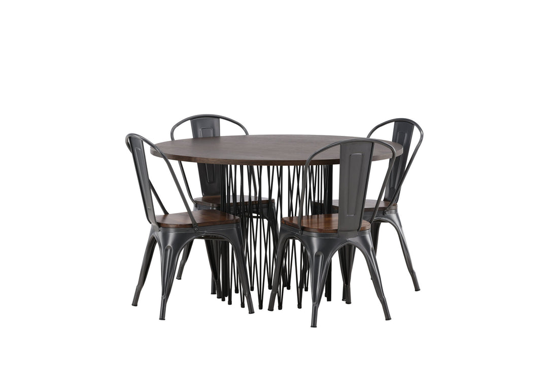 Venture Home Stone round Dining Table - Black / Mocca Veneer +Tempe Dining Chair - Dark grey / Dark Brown MDF _4