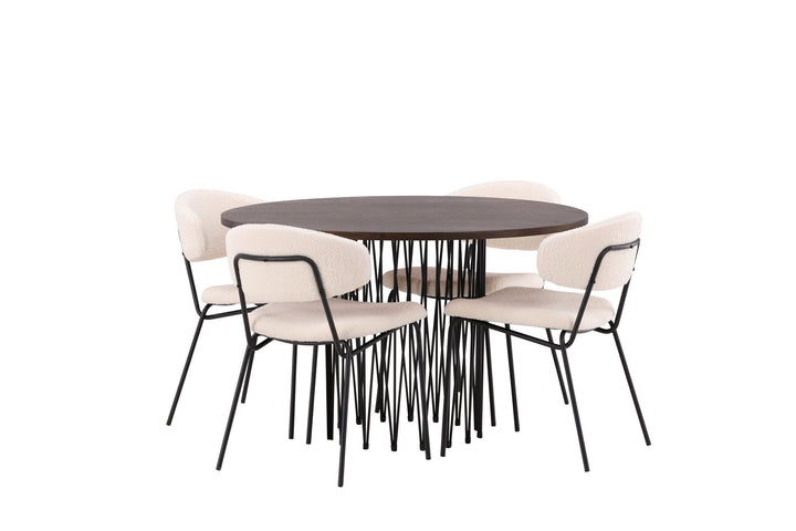 Venture Home Stone round Dining Table - Black / Mocca Veneer +Chico Dining Chair - Black / White Boucle _4