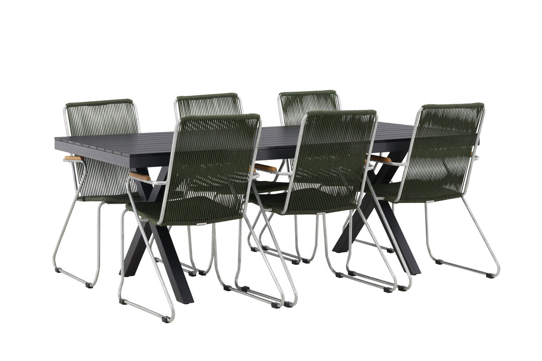 Venture Home Garcia Diningtable Alumnium - Black / Rectangular 100*200* +Bois Diningchair Steel - Silver / Green Rope _6