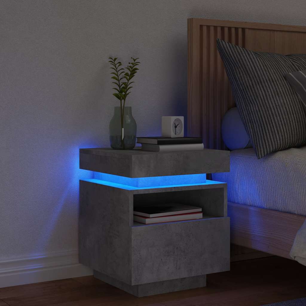 sengebord med LED-lys 40x39x48,5 cm betongrå