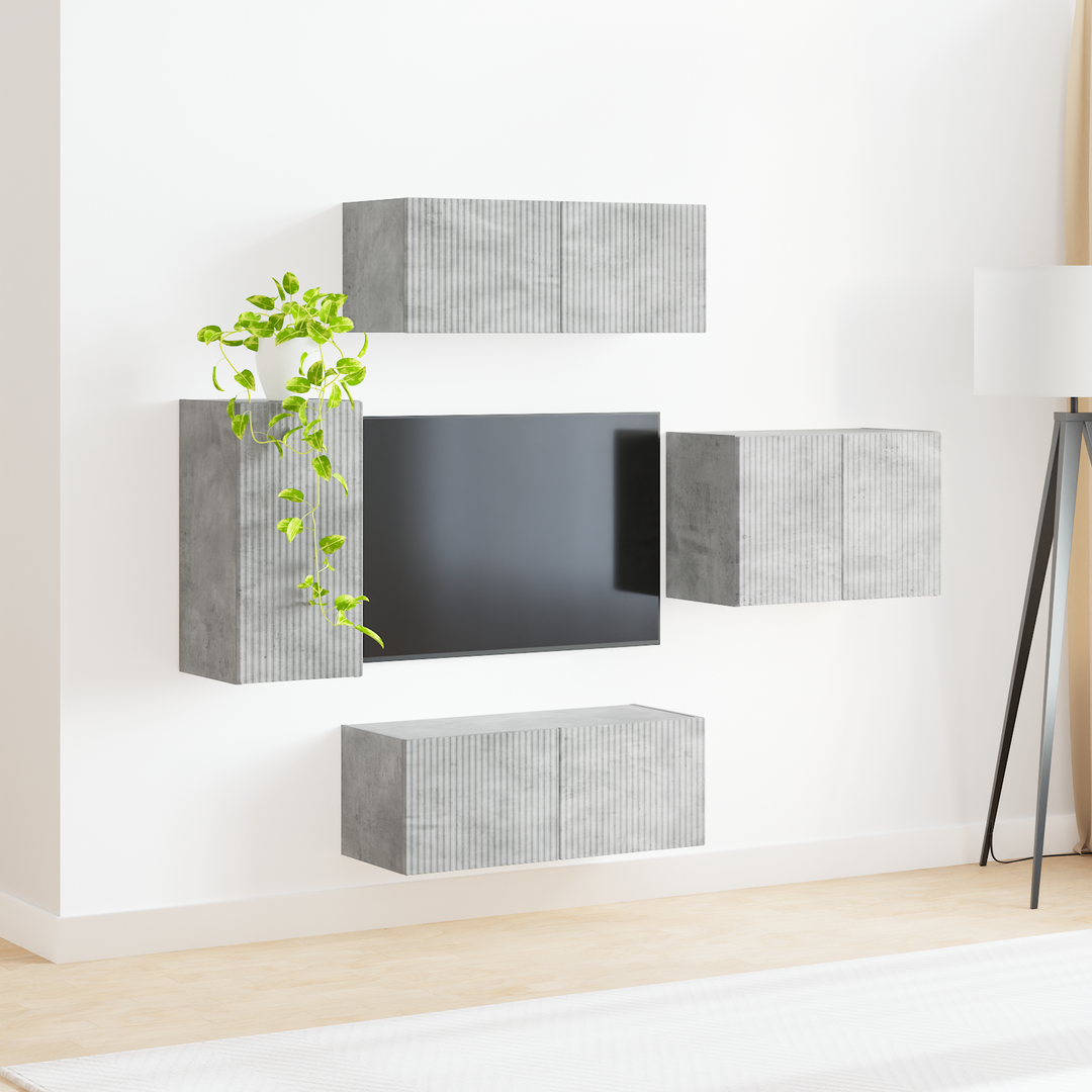 Tv vægskab sæt Vægmonteret 4 pcs Beton Grå Konstrueret træ