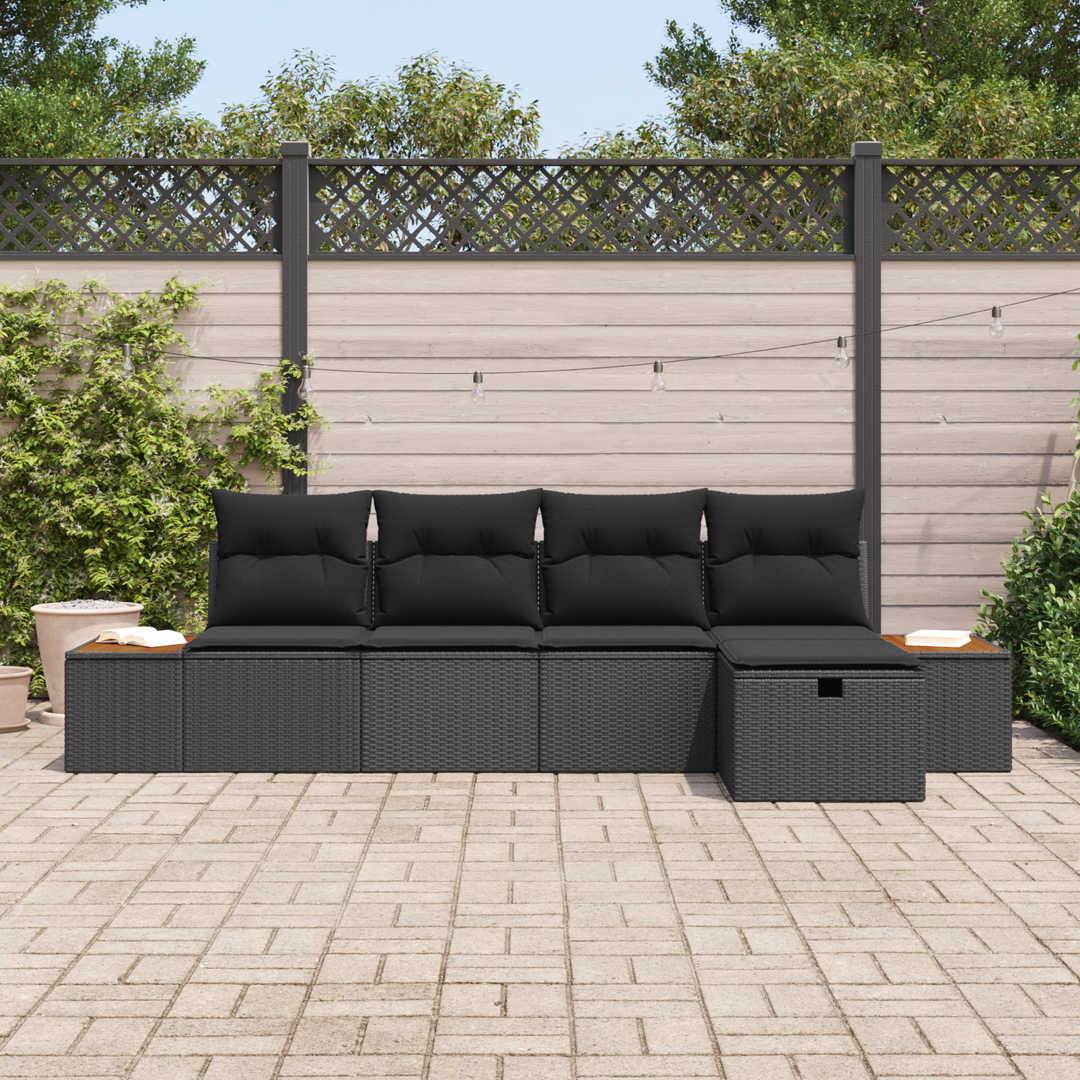 Havesofa Sæt med pude 5 pcs Sort Poly rattan