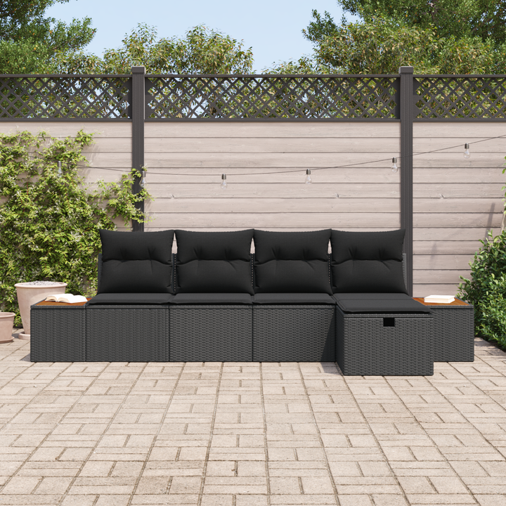 Havesofa Sæt med pude 5 pcs Sort Poly rattan