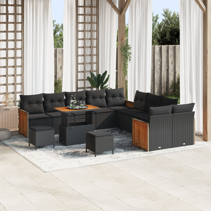 Havesofa Sæt 13 pcs Sort Poly Rattan og pulverlakeret stål