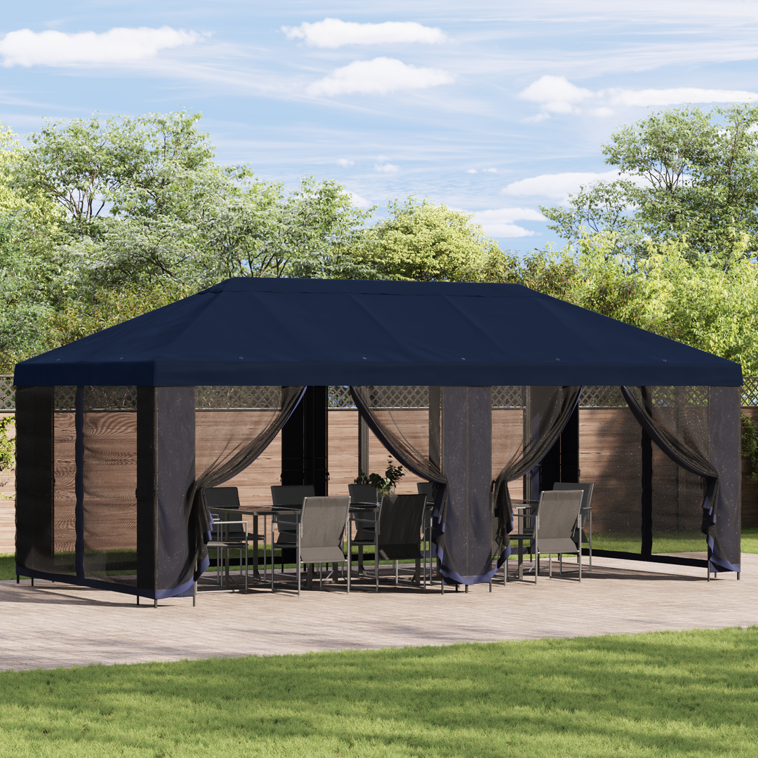 Pavillon med sidetapper 6 x 3 m Blå Polyester og Stål 190