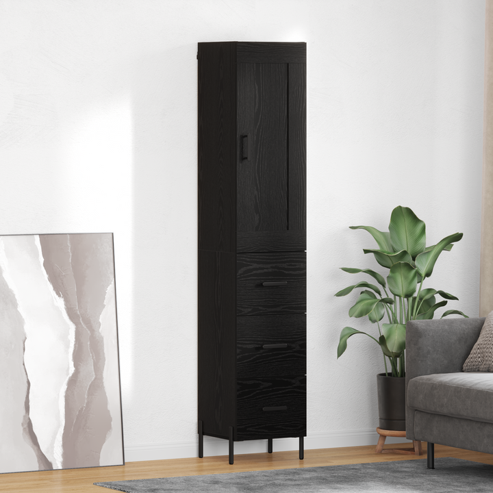 Highboard med skuffe Sort eg 34,5 x 34 x 180 cm Konstrueret træ