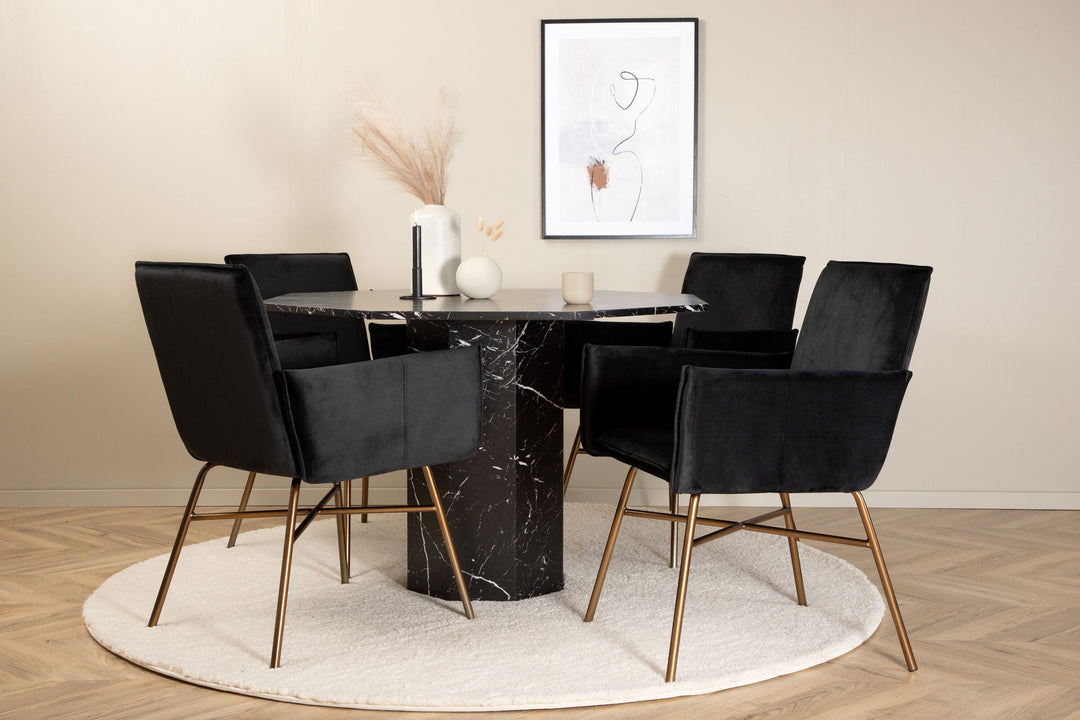 Venture Home Marbs Round Dining Table - Black / Black Glass Marble+Petra Chair - Distressed Copper / Black Velvet_4