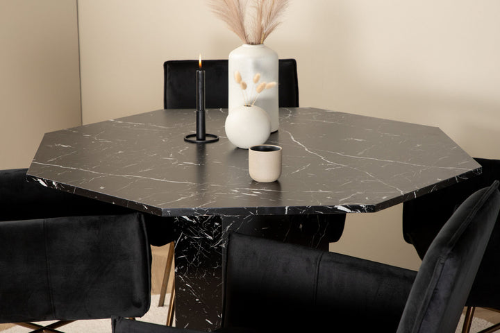 Venture Home Marbs Round Dining Table - Black / Black Glass Marble+Petra Chair - Distressed Copper / Black Velvet_4