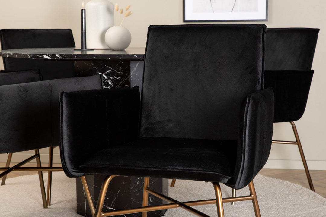 Venture Home Marbs Round Dining Table - Black / Black Glass Marble+Petra Chair - Distressed Copper / Black Velvet_4
