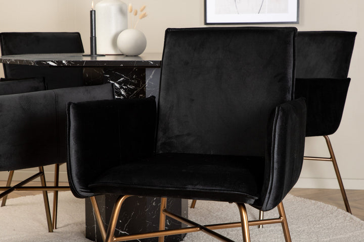 Venture Home Marbs Round Dining Table - Black / Black Glass Marble+Petra Chair - Distressed Copper / Black Velvet_4