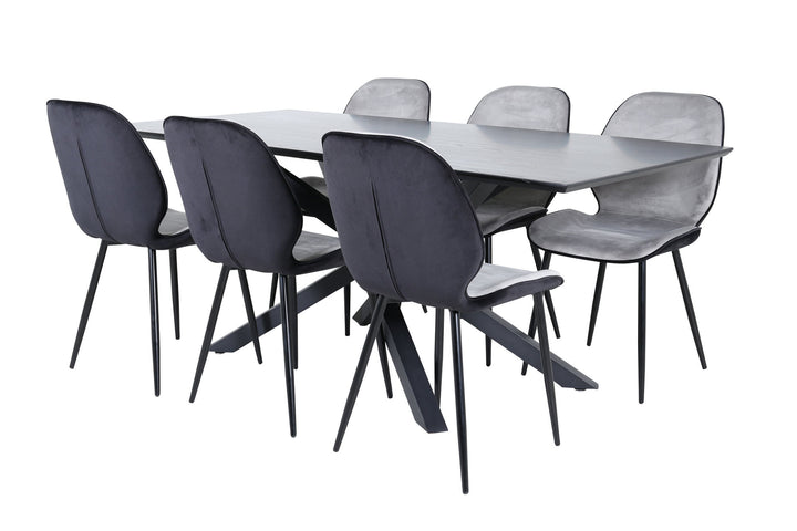 Venture Home Piazza Dining Table - Black / Black Veneer+Emma Chair - Black / Black and Light Grey Black Velvet in Back Grey Velvet in front_6