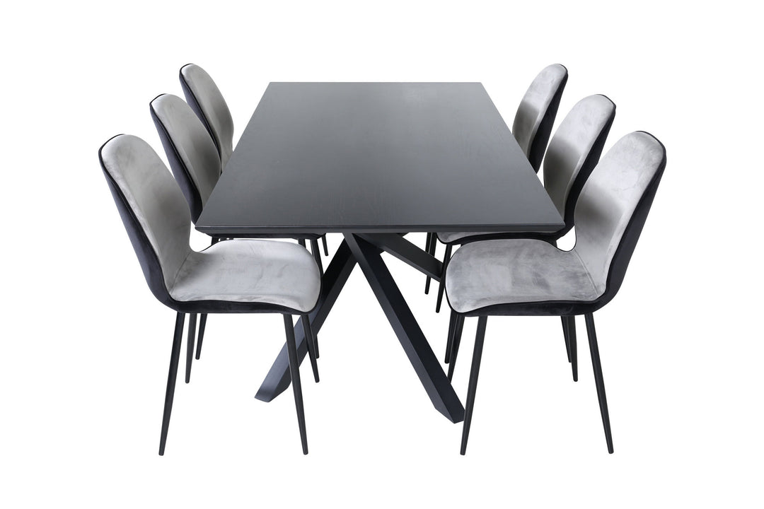 Venture Home Piazza Dining Table - Black / Black Veneer+Emma Chair - Black / Black and Light Grey Black Velvet in Back Grey Velvet in front_6