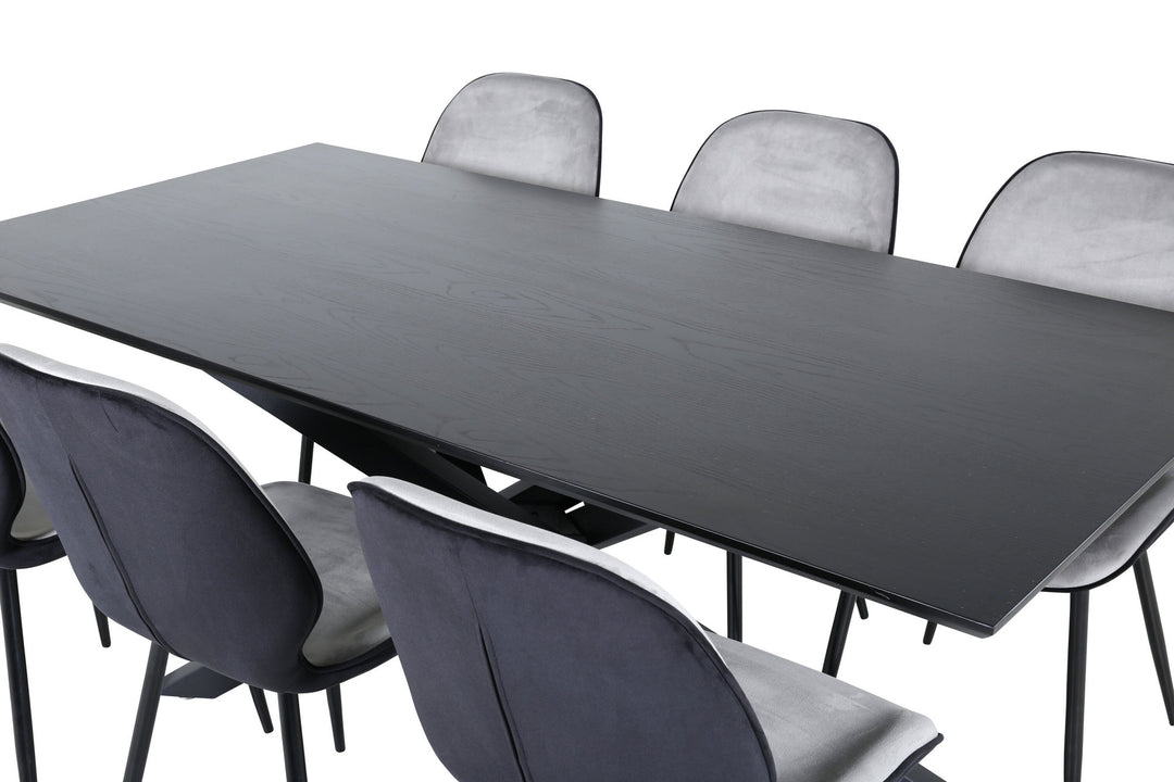 Venture Home Piazza Dining Table - Black / Black Veneer+Emma Chair - Black / Black and Light Grey Black Velvet in Back Grey Velvet in front_6
