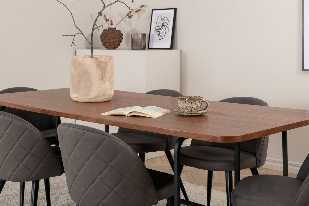 Venture Home Uno Dining Table - Black / Walnut Veneer+Velvet Stitches Chair - Black / Grey Micro Fibre_6
