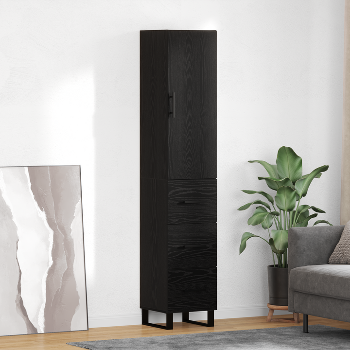 Highboard med skuffe Sort eg 34,5 x 34 x 180 cm Konstrueret træ