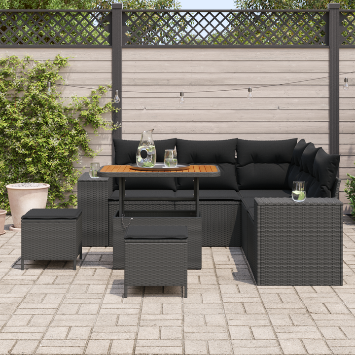 Havesofa Sæt med pude med opbevaring 8 pcs Sort polyrattan