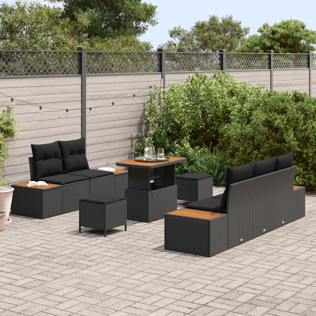 Havesofa Sæt 8 pcs Sort Poly Rattan og pulverlakeret stål