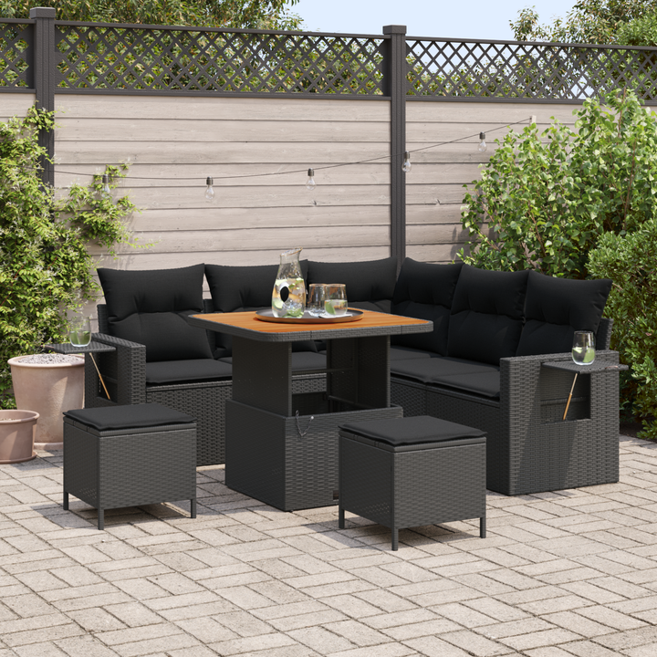 Havesofa Sæt med pude 9 pcs Sort polyrattan