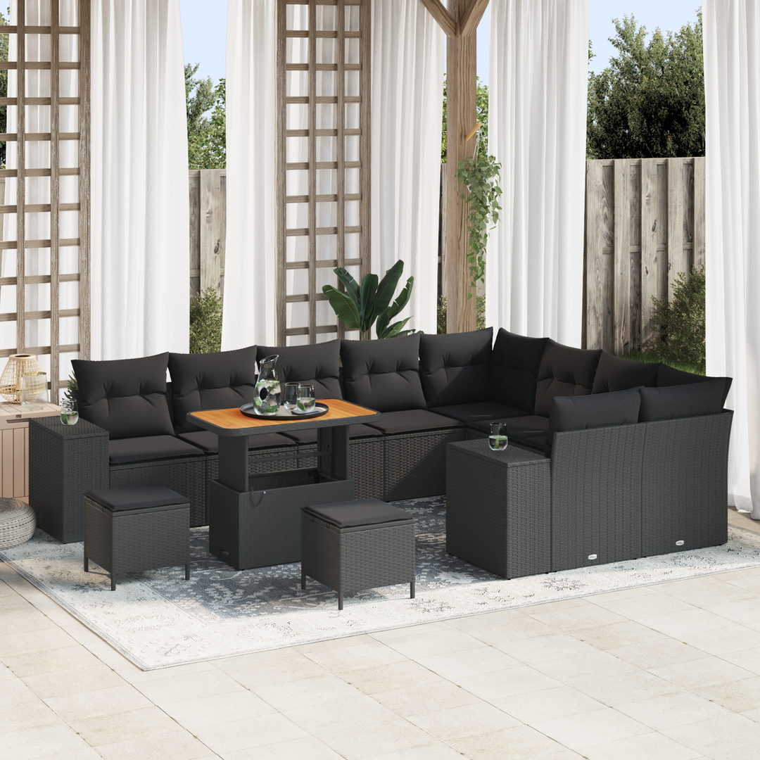 Havesofa Sæt 12 pcs Sort Polyrattan, stål og massivt akacietræ