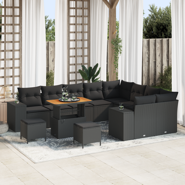 Havesofa Sæt 12 pcs Sort Polyrattan, stål og massivt akacietræ