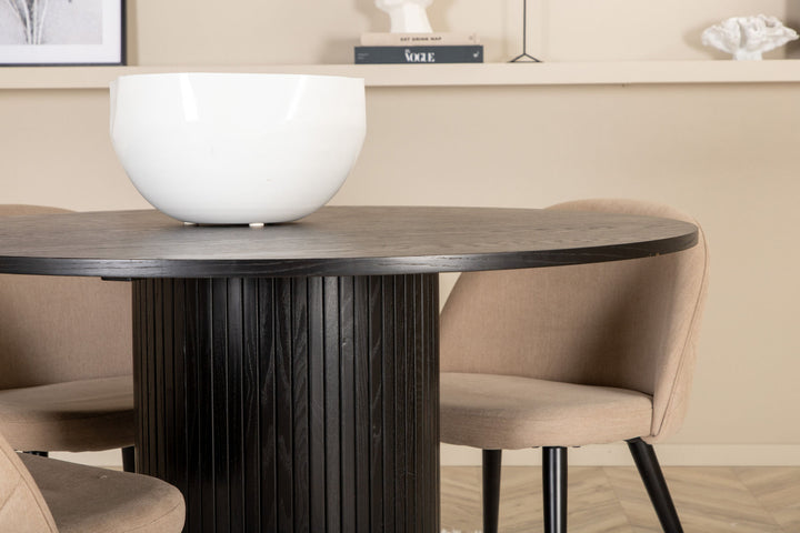 Venture Home Bianca Round Dining Table - Black / Black Veneer+Velvet Stitches Chair - Black / Beige Fabric (Polyester linen )_4