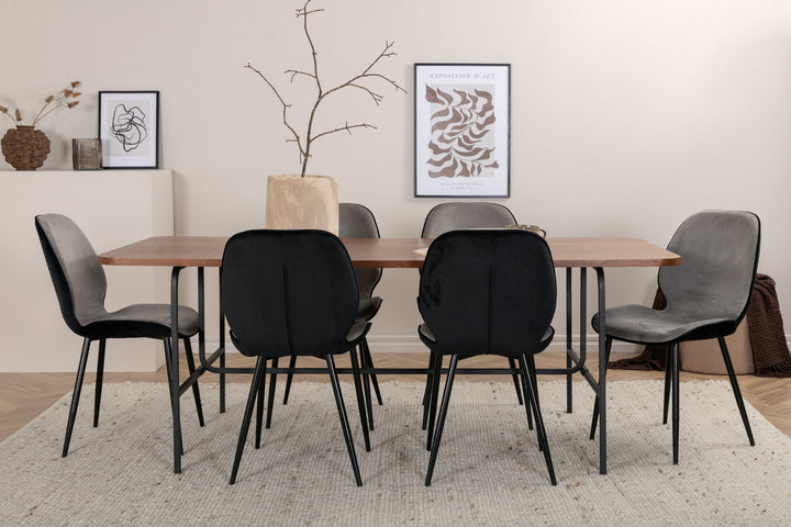 Venture Home Uno Dining Table - Black / Walnut Veneer+Emma Chair - Black / Black and Light Grey Black Velvet in Back Grey Velvet in front_6