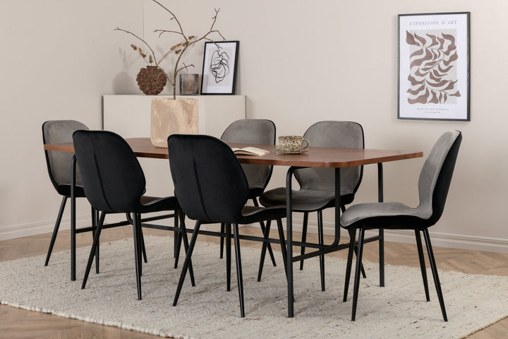 Venture Home Uno Dining Table - Black / Walnut Veneer+Emma Chair - Black / Black and Light Grey Black Velvet in Back Grey Velvet in front_6