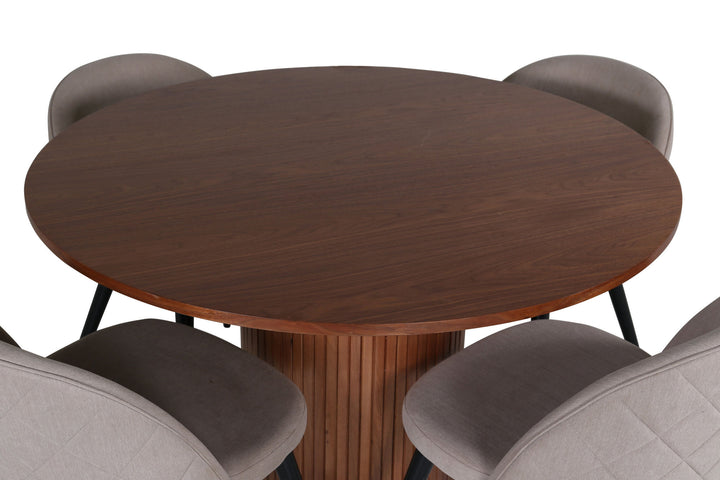 Venture Home Bianca Round Dining Table - Walnut / Black Veneer+Velvet Stitches Chair - Black / Beige Fabric (Polyester linen )_4