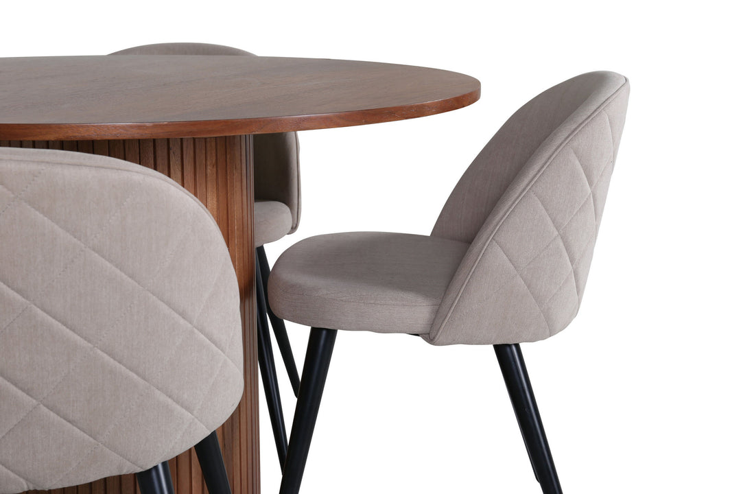 Venture Home Bianca Round Dining Table - Walnut / Black Veneer+Velvet Stitches Chair - Black / Beige Fabric (Polyester linen )_4