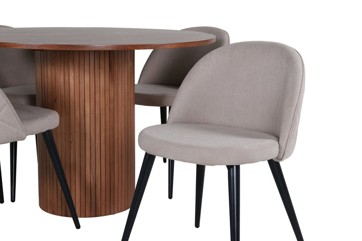 Venture Home Bianca Round Dining Table - Walnut / Black Veneer+Velvet Stitches Chair - Black / Beige Fabric (Polyester linen )_4