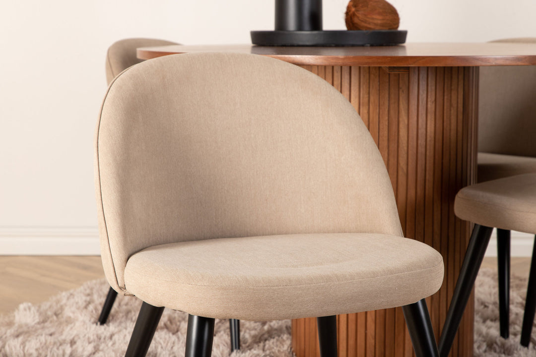 Venture Home Bianca Round Dining Table - Walnut / Black Veneer+Velvet Stitches Chair - Black / Beige Fabric (Polyester linen )_4