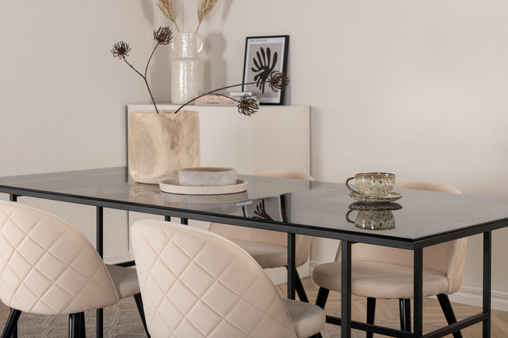 Venture Home Leif Dining Table - Black / Black smoked smoked Glass+Velvet Stitches Chair - Black / Beige Velvet_4