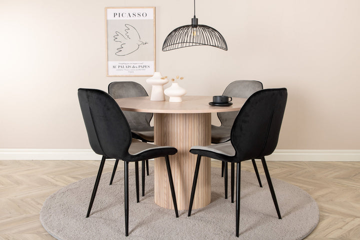 Venture Home Bianca Round Dining Table - White Wash / Black Veneer+Emma Chair - Black / Black and Light Grey Black Velvet in Back Grey Velvet in front_4