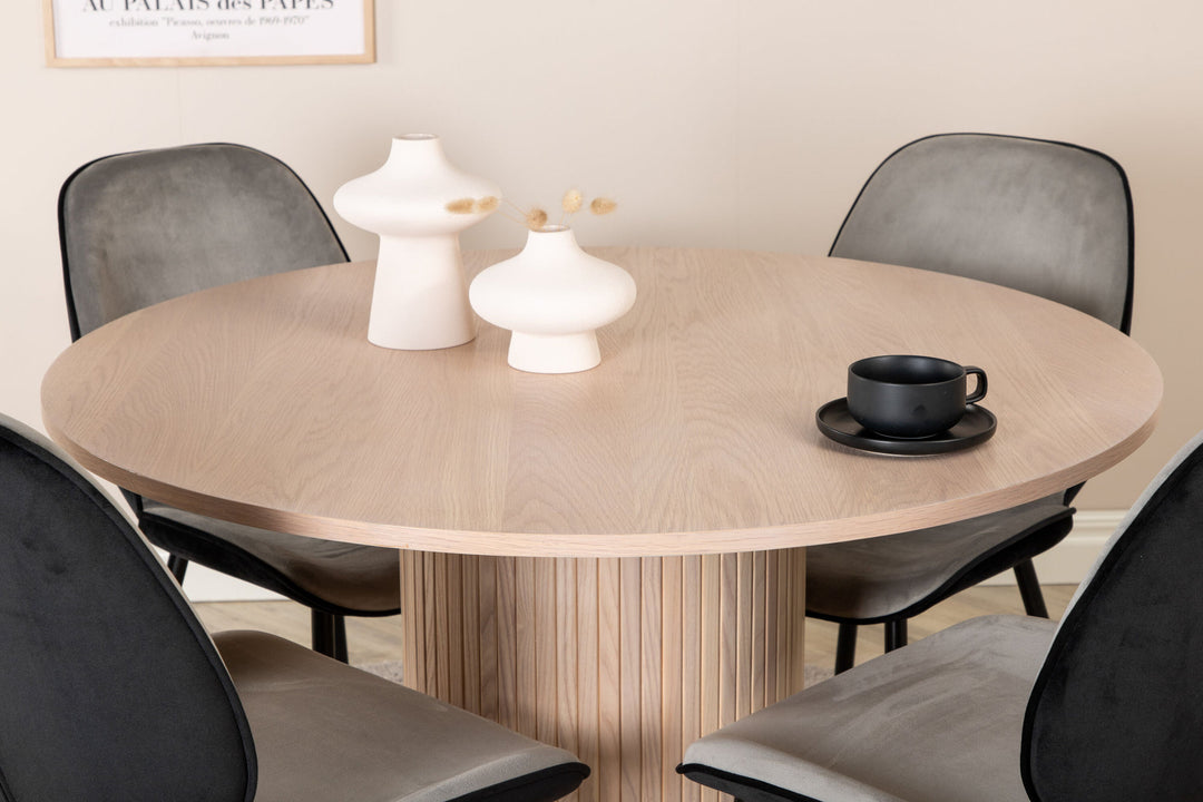 Venture Home Bianca Round Dining Table - White Wash / Black Veneer+Emma Chair - Black / Black and Light Grey Black Velvet in Back Grey Velvet in front_4