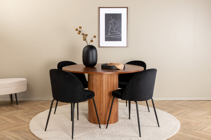 Venture Home Bianca Round Dining Table - Walnut / Black Veneer+Wrinkles Dining Chair - Black Legs - Black Velvet_4