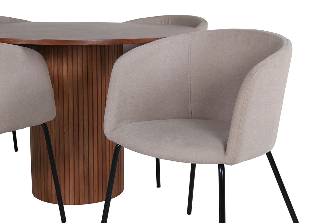 Venture Home Bianca Round Dining Table - Walnut / Black Veneer+Berit Chair - Black / Beige Fabric (Polyester linen )_4