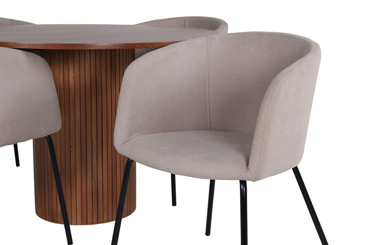 Venture Home Bianca Round Dining Table - Walnut / Black Veneer+Berit Chair - Black / Beige Fabric (Polyester linen )_4