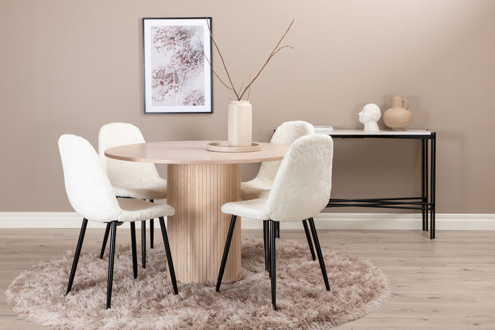 Venture Home Bianca Round Dining Table , White Wash Black Veneer+Polar Fluff Dining Chair , Black Legs , White Teddy _4