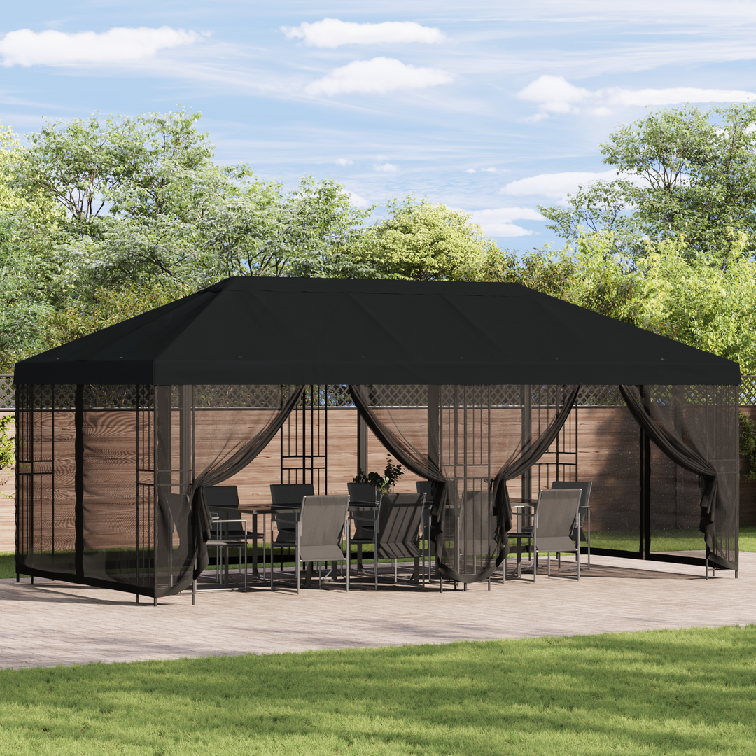 Pavillon med sidetapper 6 x 3 m Sort Polyester og Stål 190