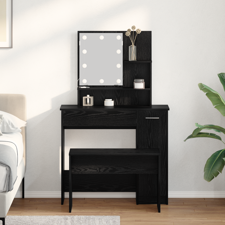 LED Smykkebord Set med spejllys 2 pcs Sort eg Konstrueret træ