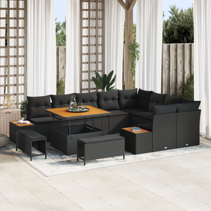 Havesofa Sæt med pude med opbevaring 12 pcs Sort Poly rattan
