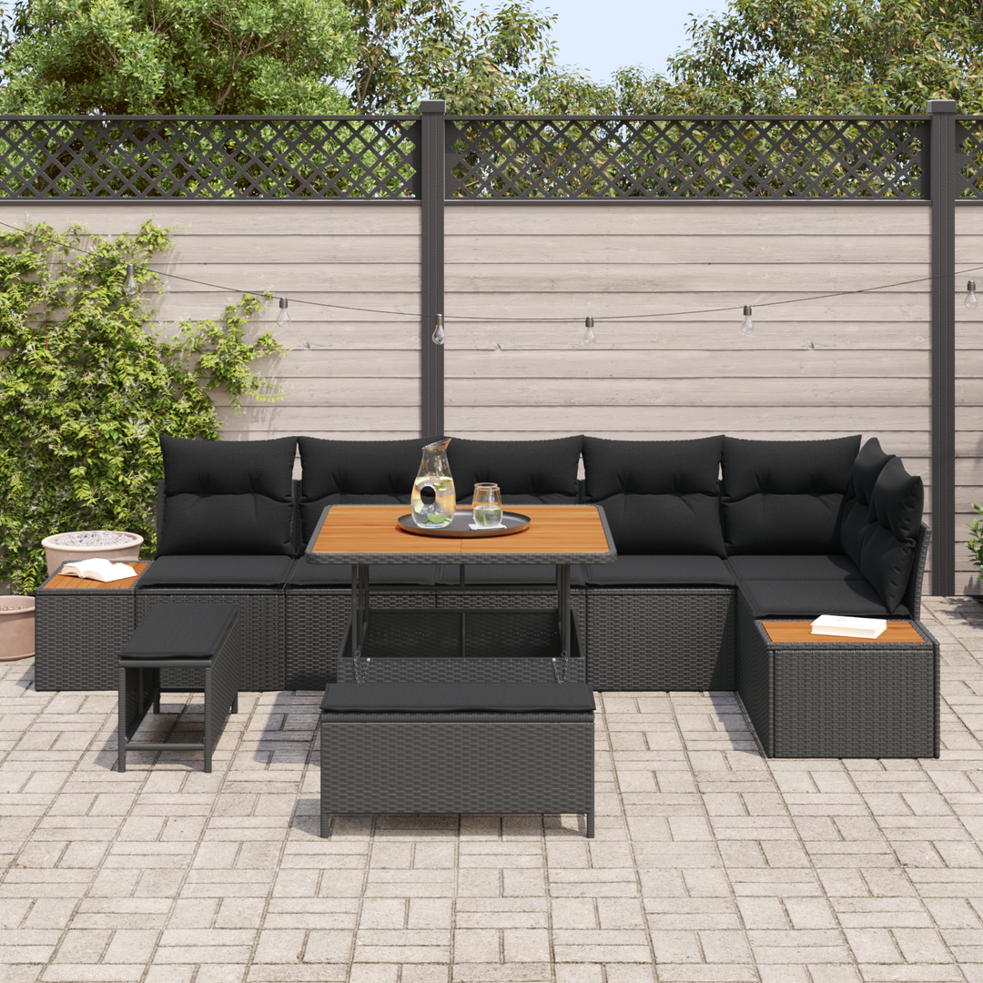 Havesofa Sæt med pude med opbevaring 9 pcs Sort Poly rattan