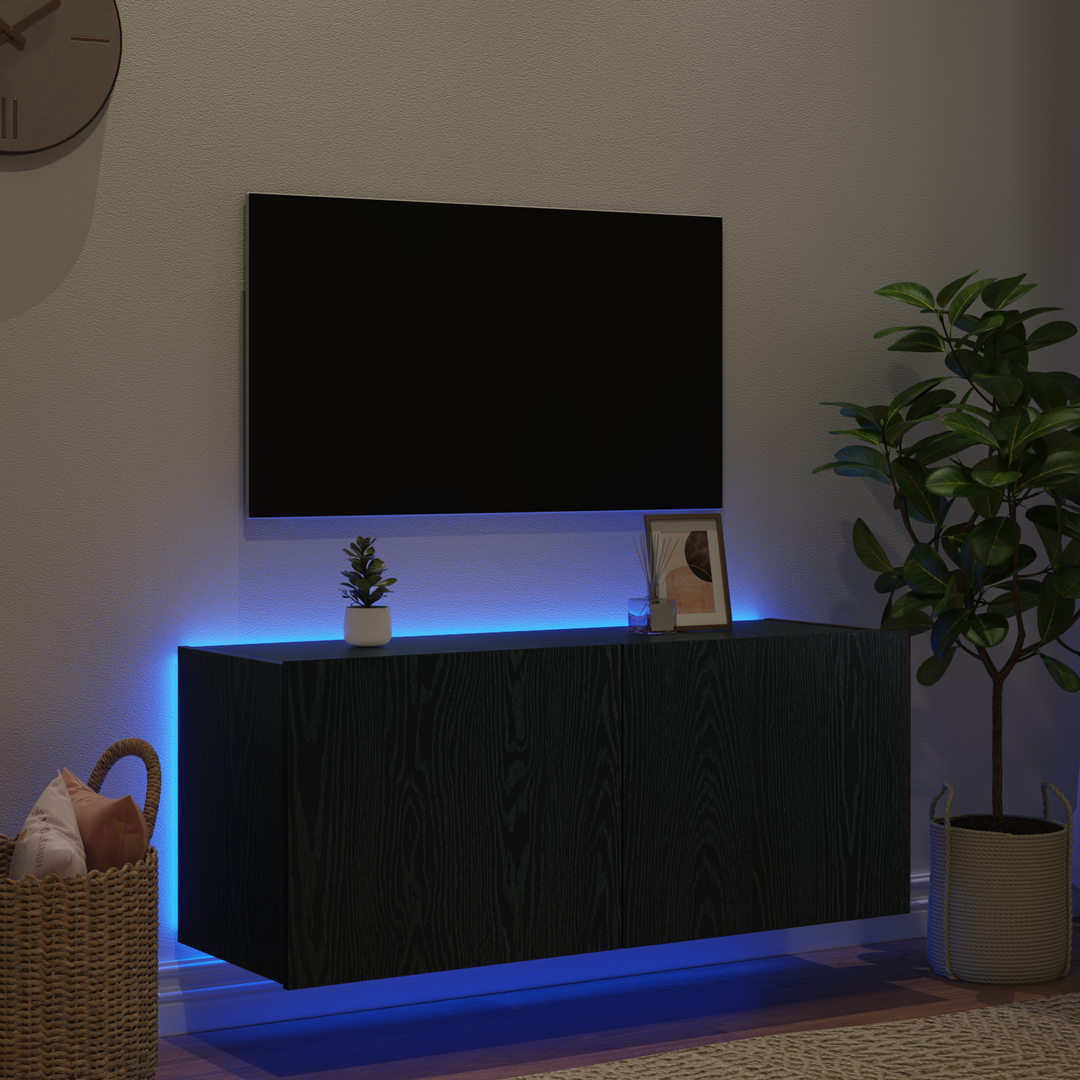 TV vægskab med LED Sort eg 100 x 35 x 41 cm Konstrueret træ